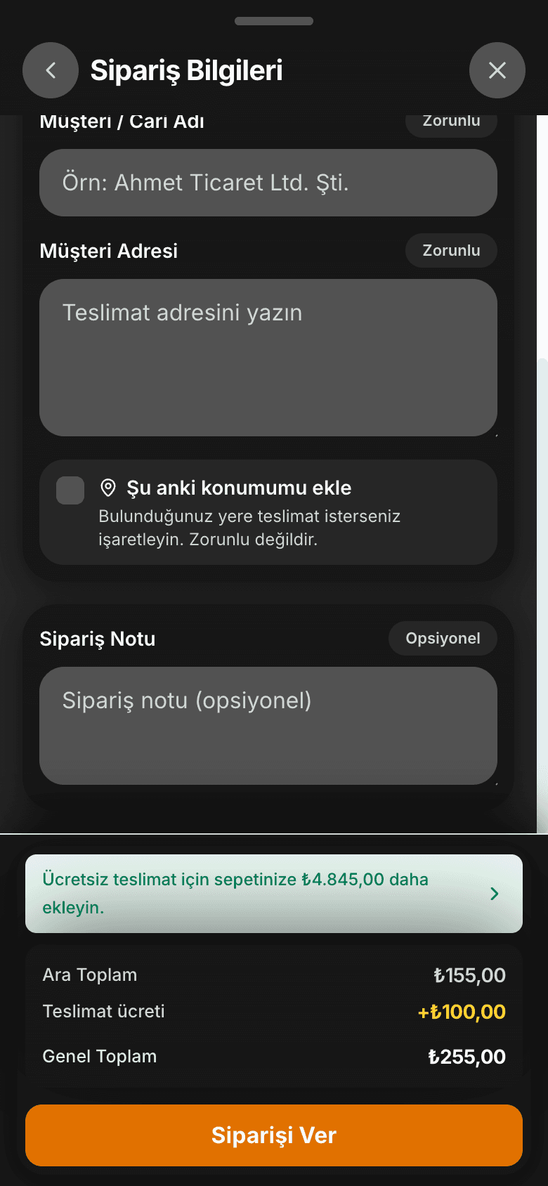 Adres alanı, konum ekleme seçeneği ve sipariş notu
